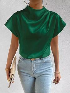 Camiseta de satén de verano para mujer, top holgado con fruncido en el hombro izquierdo y cuello corto, ¡novedad de gran venta! - Product Image 4