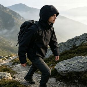 Custom Printed 100% Polyester 150g Lightweight Waterproof Breathable Outdoor <b>Hooded</b> <b>Rain</b> <b>Jacket</b> for Hiking Climbing - Product Image 4