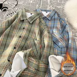 2025 Trend Autumn and Winter Plush Thick Fashion <strong>Check</strong> <strong>Shirt</strong> for Men, Hong Kong Style Casual Long-Sleeved Stand-Up Collar - Product Image 4