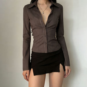 Camisa de Mujer con Botones y Rayas de Bloques de Color, Blusa de Manga Larga Estilo Vintage Y2K, Top para Mujer - Product Image 5