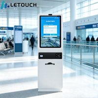 Kiosque en libre-service intérieur avec écran tactile, terminal de gestion des files d'attente, lecteur de code-barres, imprimante de tickets, scanner pour banque