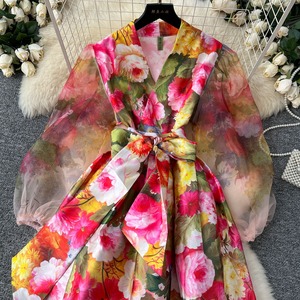 Robe longue décontractée de haute qualité pour femme, coupe ajustée, col en V, taille lacée, imprimé floral en maille, sexy, avec manches lanternes - Product Image 6