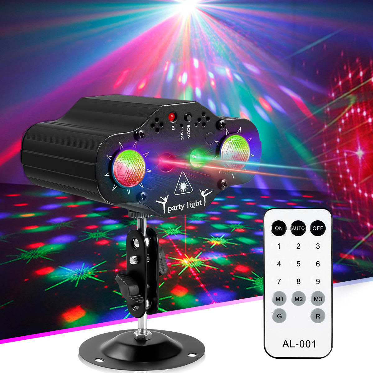 DJ Disco Stage Light Projector RGB LED Multiple Patterns Sound Activated Flash Strobe Lighting Remote Control for Parties