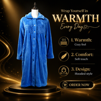 Peignoir à capuche en flanelle bleue pour femme, doux et thermique, long, boutonné sur le devant, en polaire corail, vêtement d'intérieur d'hiver