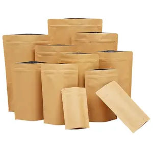 Sac zip-lock en papier kraft éco-biodégradable personnalisé, pochette sur support, sac d'emballage en mylar pour snack et boeuf séché, sac d'emballage alimentaire en plastique