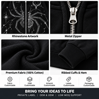 Sweat à capuche zippé surdimensionné pour homme avec motif araignée en strass, style gothique Y2K streetwear, en molleton épais, conception OEM personnalisée