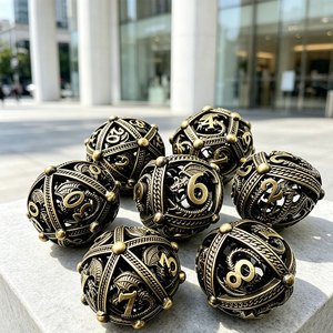 Juego de 7 dados poliédricos de metal huecos con patrón interior de dragón tallado antiguo para colección de juegos de mesa DND - Product Image 4