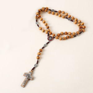 <span class=keywords><strong>Collana</strong></span> <span class=keywords><strong>Rosario</strong></span> Cattolico con Perline da 10mm Croce di Preghiera Gerusalemme Gioiello in Legno Intrecciato a Mano per Esportazione - Product Image 2