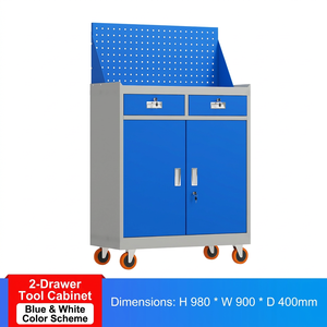 Armadio Mobile Resistente con Pannello Forato, 2 Cassetti, Doppia Porta con Serratura, Cassettiera su Ruote per Garage e Officina, in Acciaio Blu - Product Image 3
