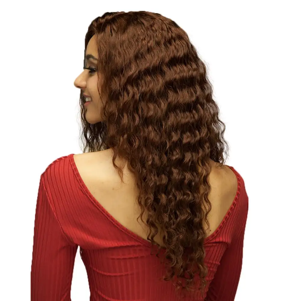 Perruque Full Lace wig naturelle bouclée vierge, cheveux humains, couleur brun foncé, 4 Deep Wave, 28mm, promo