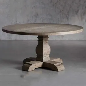 Table à manger ronde en bois de chêne de couleur naturelle avec cadre en bois de Style campagnard traditionnel