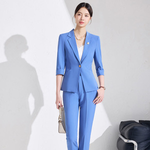 Women's Sky Blue Suit Set Three Quarter Sleeve Anti-Wrinkle Spring Professional Style - Product Image 1