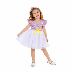 Robe de princesse rose à imprimé arc-en-ciel pour filles, best-seller, avec manches volantées en tulle et nœud jaune pour fête d'anniversaire - Product Image 4