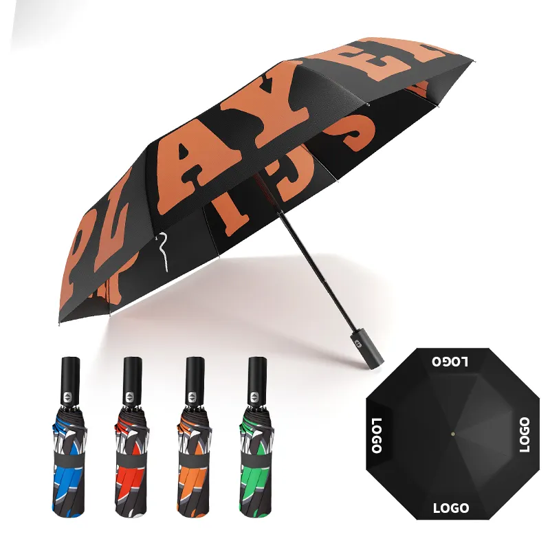 Dj-Speler Op Maat Bedrukt Logo Zonnig Regenachtig Volautomatische Winddichte Draagbare Drie Opvouwbare Paraplu Voor Muziekfestival