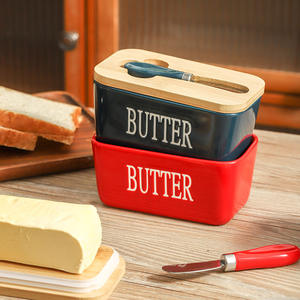 Boîte à beurre en céramique multicolore avec couvercle en bois et couteau, capacité de 500 ml, stockage réfrigéré du fromage pour la cuisine - Product Image 6