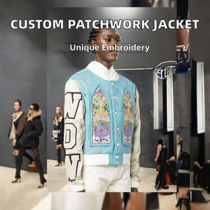 Veste en cuir patchwork personnalisée, patchs brodés, style vintage, lettreman, baseball, bomber, varsity, décontractée, doublure en polaire, devant - Product Image 2