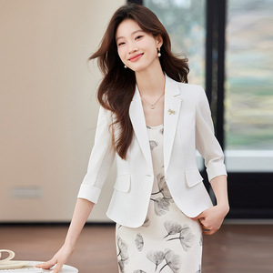 <b>White</b> Women's Short Blazer Lightweight <b>Summer</b> Casual Suit Solid Color Breathable Polyester 80g Slim Fit Petite Style - Product Image 2