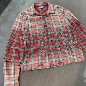 Custom Rhinestone Spider Web Flannel <b>Shirt</b> Men <b>Gothic</b> Y2K Vintage Red Plaid Distressed Raw Hem Streetwear Apparel - Product Image 1