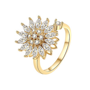 Bague anti-stress rotative en forme de fleur, sans ternissement, sertie de zircone cubique taille marquise, en cuivre plaqué or, bijoux pour femme - Product Image 1