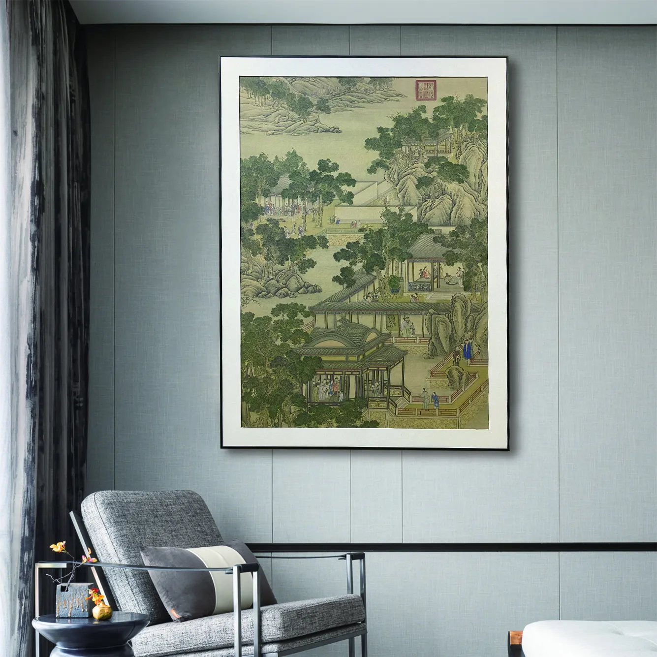 Pittura artistica in stile cinese antico paesaggio dipinto lungo con cornice in metallo pittura decorativa