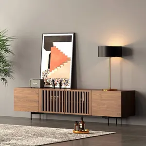 87 Inch Nordic Tv Cabinet Minimalist Slatted Media Console With Tall-cast Metal Legs Modern Wood TV Stand Cabinet