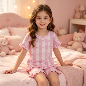 GSSO3341 RTS Ensemble d'été pour petite fille, motif à rayures roses et nœuds, tenue d'été pour enfants, vente en gros, ensemble à manches courtes pour fille - Product Image 1