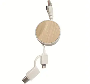 环保圆形可伸缩木质3合1钥匙扣USB充电电缆，带您自己标志的木质3合1充电电缆