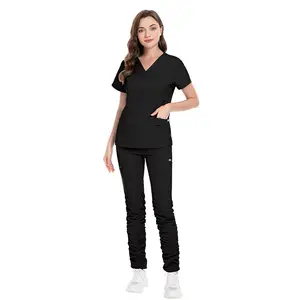 Grosir Set Perawat Ukuran Plus Seragam Scrub Peregangan Cepat Kering Set Wanita V-neck Spandex Scrub Tops Seragam Slim Fit Celana