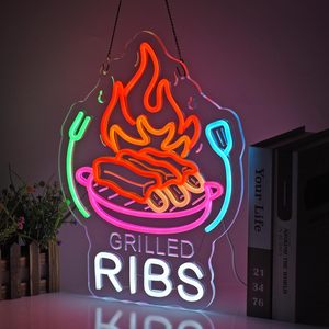 Grilled Ribs Letreros Neon LED indoor hanging ambient light shop <b>sign</b> wall decoration light entrance indicator light Customized - Product Image 5