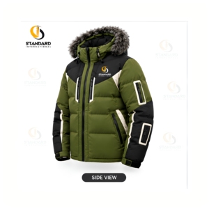 Veste de ski pour homme, vert olive, coupe-vent, matelassée, chaude, style streetwear, fermeture éclair, poches, capuche en fourrure - Product Image 4
