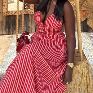 Women's <b>Sexy</b> Spaghetti Strap Top & African-Inspired Midi Skirt New Fashion Striped 2-Piece <b>Set</b> Fashion - Product Image 1