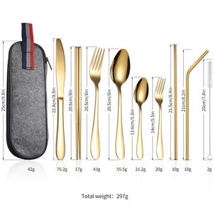Hot Selling Reusable Camping Cutlery Stainless Steel Knife Spoon Fork Straw 9 Pcs <b>Black</b> Office Portable Flatware Set - Product Image 1