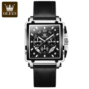Jam tangan Quartz pria desain baru OLEVS-9919, tahan air olahraga cangkang persegi kalender tiga mata Horizontal jam tangan pria Quartz