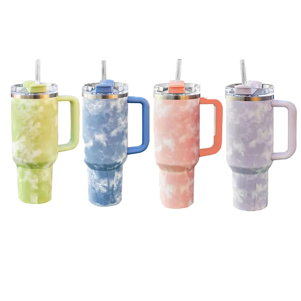 ready to ship mug tie dye cup Adventure Quencher 40oz Tumbler H2.0 Travel Car Mug With Handle And Straw and lid