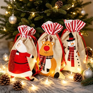 Wholesale Burlap <b>Christmas</b> <b>Gift</b> <b>Bag</b> Set Felt Applique Cartoon Figure Striped Cuff Drawstring Treat Pouch Ornament - Product Image 1