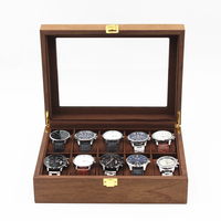 Boîte de rangement de montres en gros en bois de noyer à 10 emplacements, avec doublure en velours, présentoir rectangulaire et fenêtre en verre