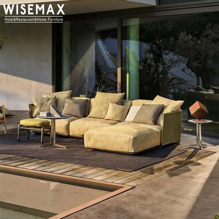 WISEMAX FURNITURE北欧の屋外用家具L字型ロープ織り防水生地ステンレススチールベースパティオ用モジュラーソファ
