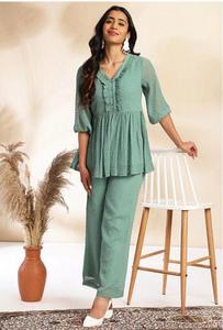 Ensemble Kurti et pantalon deux pièces pour femmes, écologique, respirant, tenue assortie élégante, confortable, vêtements décontractés - Product Image 5