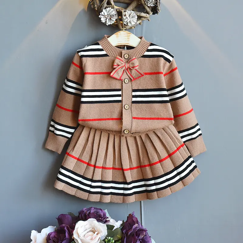 Stripe Autumn Girl 2pcs Clothes Outfits Girls Knitting Bows Cardigan Sweater With Dress Fall Children Clothes Set