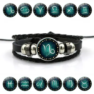 Personalized Unisex Bohemian Gift Accessories Mixed Aries Luminous Zodiac Braided Leather Bracelet for Women Men