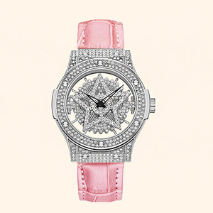 Reloj de cuarzo para mujer con diseño único, caja trasera transparente, correa de cuero genuino y esfera giratoria con diamantes. - Product Image 5
