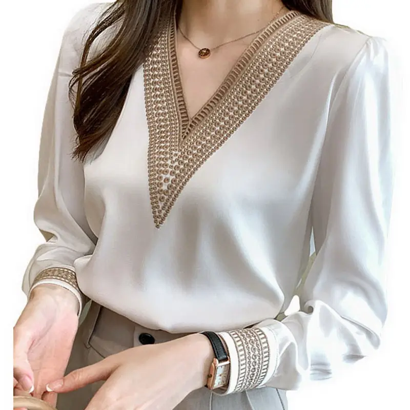 Women Blusas Mujer De Moda Embroidery V-neck Chiffon Blouse Shirt Long Sleeve White Blouse
