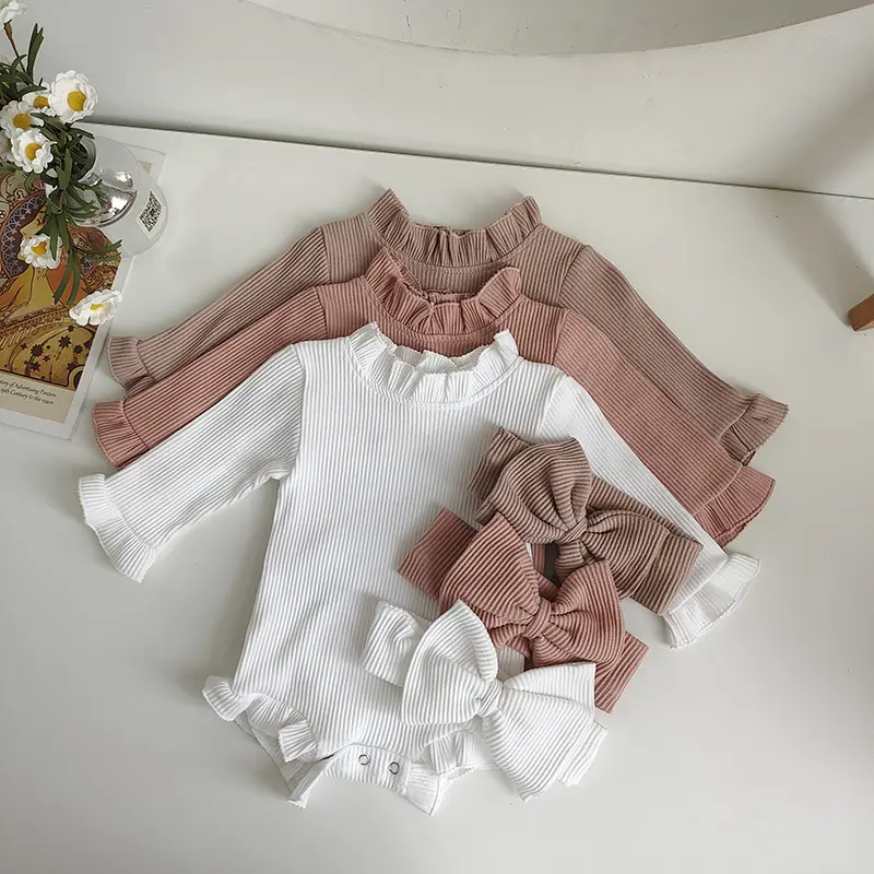 2個の女の赤ちゃんロンパース & ボウセット新生児リブフレアスリーブジャンプスーツベビーギフト新生児コットンボウロンパース衣装