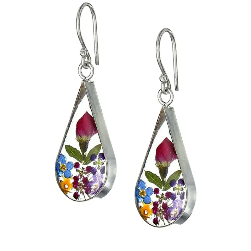 2024 New KP Fantastic Dried Flower Earrings Resin Water Drop Pressed Flower Dangle Earring For Women And Girls