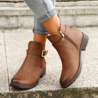 Bottines style européen et américain, couleur unie, bout renforcé, talons épais, boucles de ceinture, fermetures éclair latérales, confortables, décontractées, en maille élastique, toutes saisons