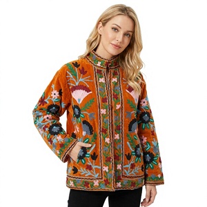 Veste matelassée florale brodée tissée pour femme, col rond, manches longues, automne, écologique, séchage rapide, style Prairie Chic - Product Image 1