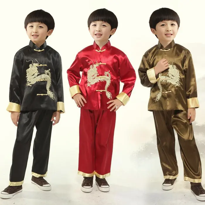 ชุดถังถังแบบจีนปักลายมังกรชุดฮั่นฝูสำหรับเด็กผู้หญิงเด็กผู้ชายชุดกังฟูชุดโอเรียนเต็ลแบบดั้งเดิม