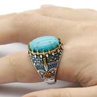 2025 islamique moyen-orient vert fin 925 bijoux en argent turc hommes Turquoise bijoux 925 en argent Sterling Western anneaux pour hommes