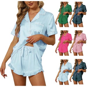 Wholesale Women's Soft Polyester Short-sleeved V-neck Knitted Pajamas Set Solid Color Lapel Loose Female Home Loungewear Set - Product Image 6