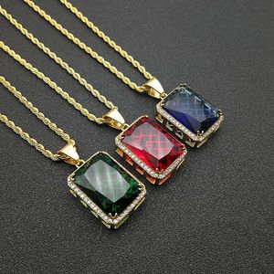 yunnique Hip Hop Pendant Necklace Stainless Steel Gold Plated Rectangular Artificial Gemstone Pave Setting Unisex Gift Jewelry - Product Image 1